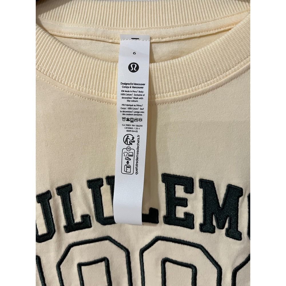 Lululemon Graphic Cotton T-Shirt Cream Yellow 1998 Collegiate Size 6 NWT - Picture 4 of 6